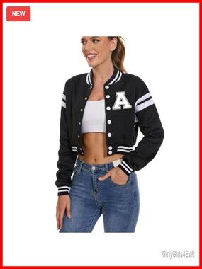 Women's Vintage Baseball Varsity Jacket Letter Print Crop Top Bomber Coat